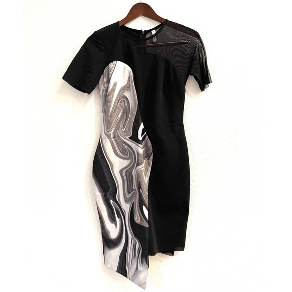 NWT Bec & Bridge Oil Slick Neoprene Print Mesh Panel Asymmetrical Dress - Picture 7 of 11